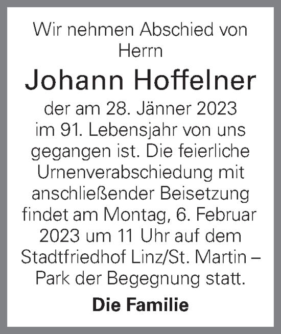 Traueranzeige von Johann Hoffelner von OÖNachrichten