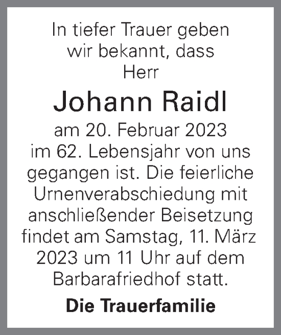 Traueranzeige von Johann Raidl von OÖNachrichten
