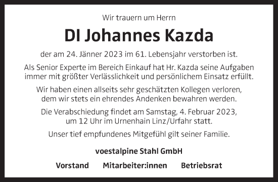 Traueranzeige von Johannes Kazda von OÖNachrichten