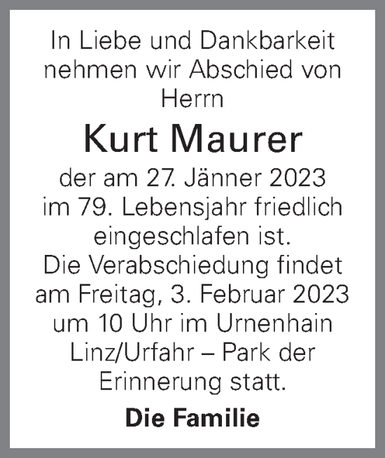Traueranzeige von Kurt Maurer von OÖNachrichten