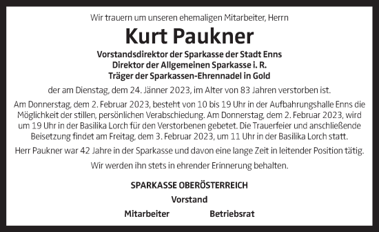 Traueranzeige von Kurt Paukner von OÖNachrichten