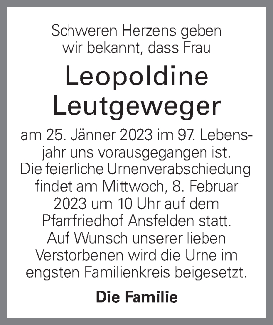 Traueranzeige von Leopoldine Leutgeweger von OÖNachrichten