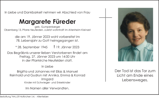 Traueranzeige von Margarete Füreder von OÖNachrichten