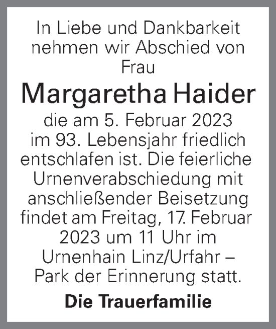 Traueranzeige von Margaretha Haider von OÖNachrichten