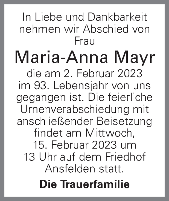 Traueranzeige von Maria-Anna Mayr von OÖNachrichten