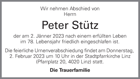 Traueranzeige von Peter Stütz von OÖNachrichten