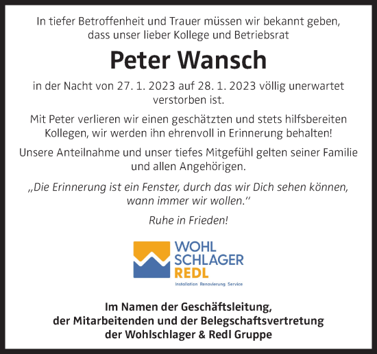 Traueranzeige von Peter Wansch von OÖNachrichten