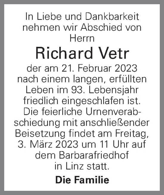 Traueranzeige von Richard Vetr von OÖNachrichten