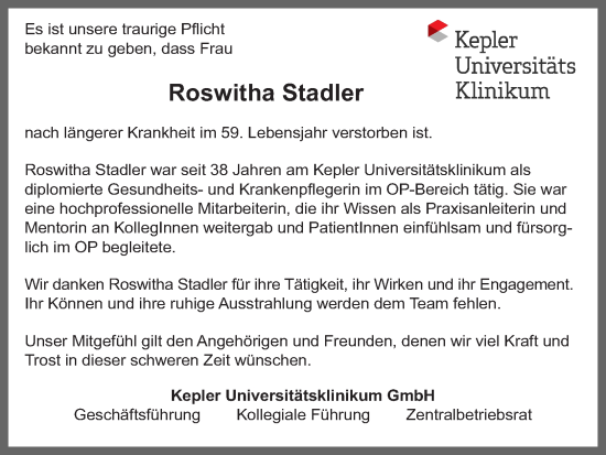 Traueranzeige von Roswitha Stadler von OÖNachrichten