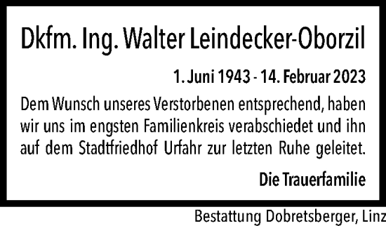 Traueranzeige von Walter Leindecker-Oborzil von OÖNachrichten