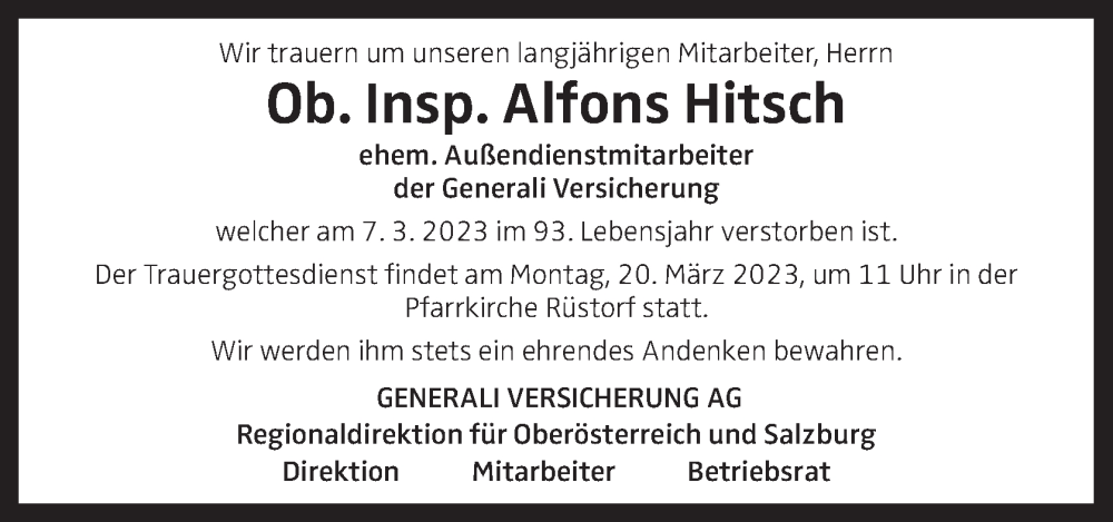  Traueranzeige für Alfons Hitsch vom 14.03.2023 aus OÖNachrichten