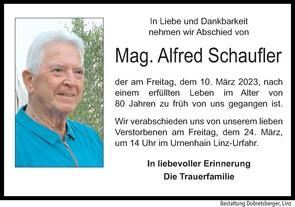  Traueranzeige für Alfred Schaufler vom 18.03.2023 aus OÖNachrichten