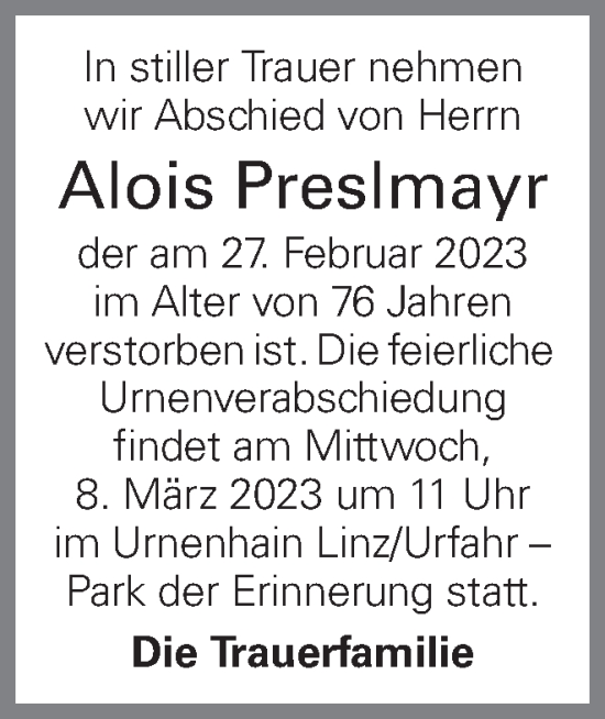 Traueranzeige von Alois Preslmayr von OÖNachrichten