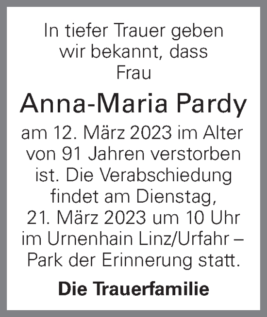 Traueranzeige von Anna-Maria Pardy von OÖNachrichten