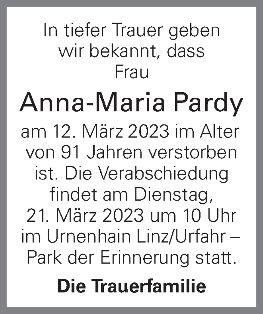 Traueranzeige für Anna-Maria Pardy vom 16.03.2023 aus OÖNachrichten