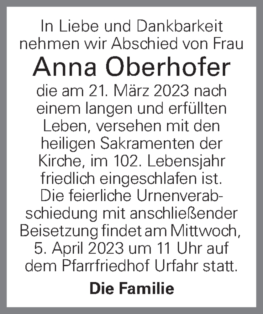  Traueranzeige für Anna Oberhofer vom 24.03.2023 aus OÖNachrichten
