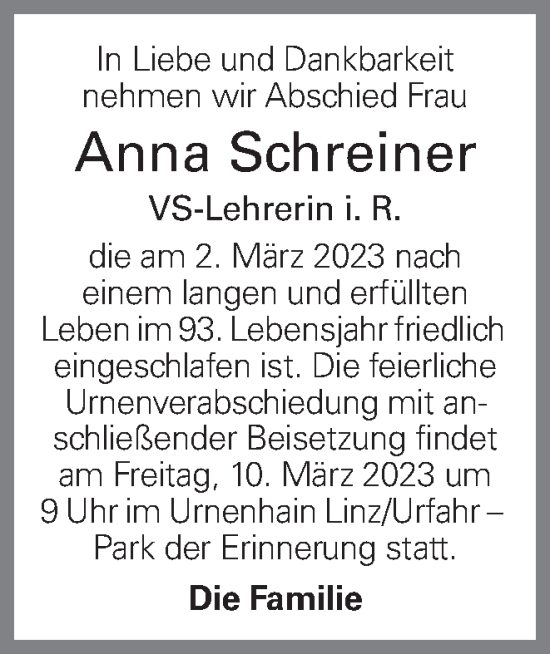 Traueranzeige von Anna Schreiner von OÖNachrichten