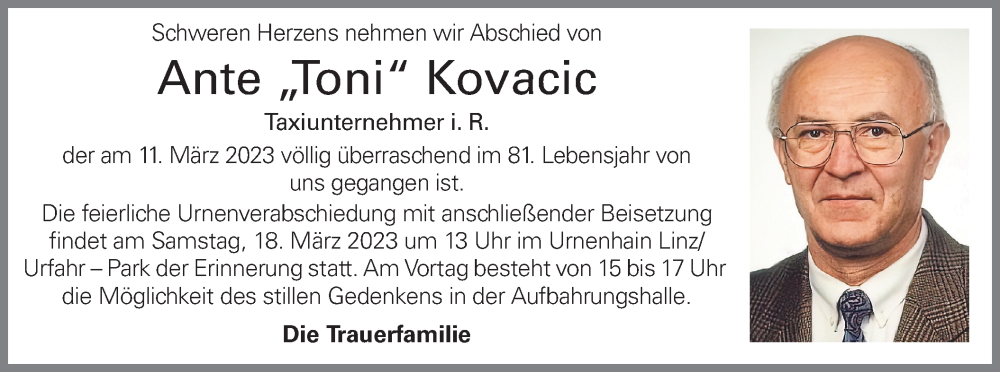  Traueranzeige für Ante  Kovacic vom 15.03.2023 aus OÖNachrichten