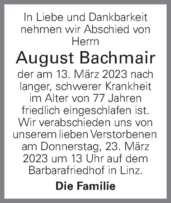 Traueranzeige von August Bachmair von OÖNachrichten