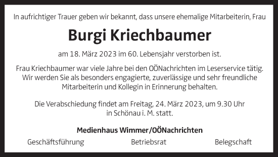 Traueranzeige von Burgi Kriechbaumer von OÖNachrichten