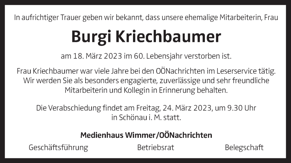  Traueranzeige für Burgi Kriechbaumer vom 23.03.2023 aus OÖNachrichten