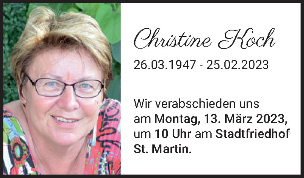  Traueranzeige für Christine Koch vom 11.03.2023 aus OÖNachrichten