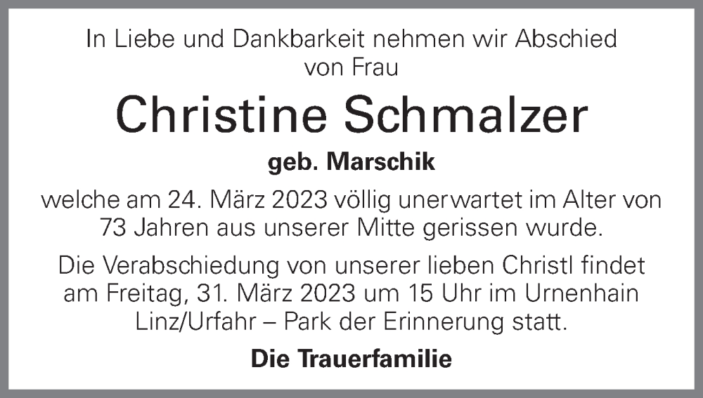  Traueranzeige für Christine Schmalzer vom 29.03.2023 aus OÖNachrichten