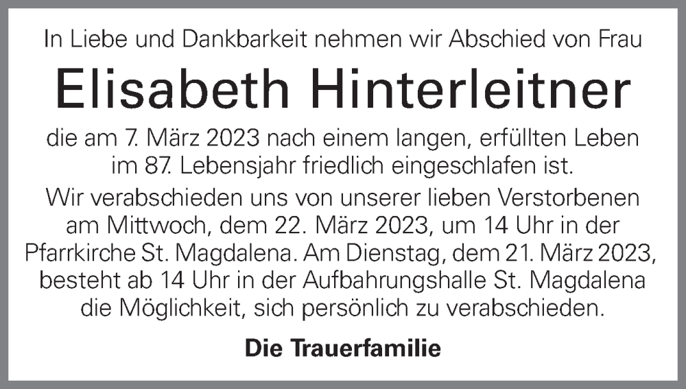  Traueranzeige für Elisabeth Hinterleitner vom 18.03.2023 aus OÖNachrichten