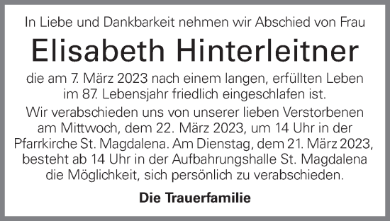 Traueranzeige von Elisabeth Hinterleitner von OÖNachrichten
