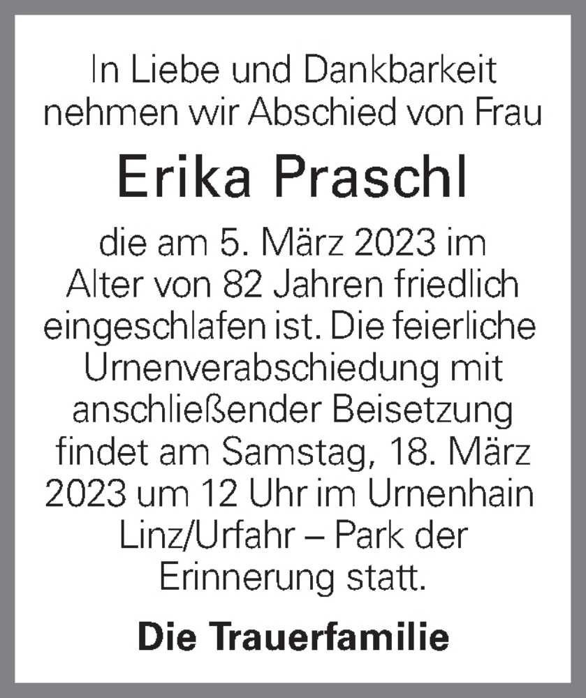  Traueranzeige für Erika Praschl vom 14.03.2023 aus OÖNachrichten