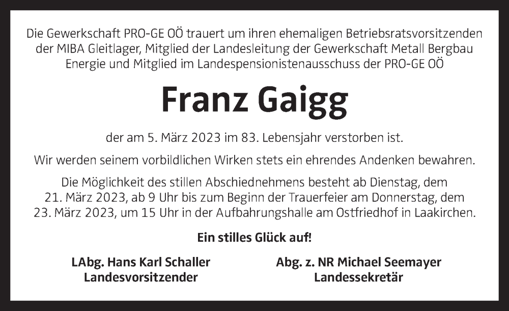  Traueranzeige für Franz Gaigg vom 08.03.2023 aus OÖNachrichten