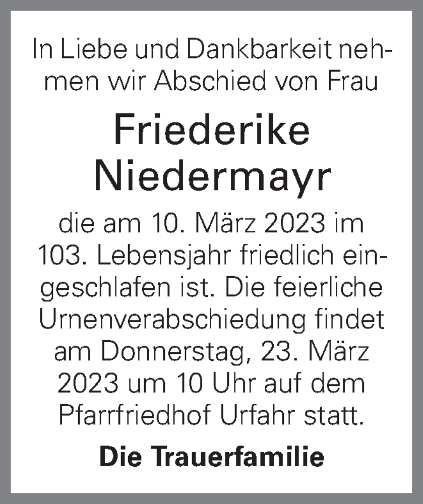  Traueranzeige für Frederike Niedermayr vom 17.03.2023 aus OÖNachrichten