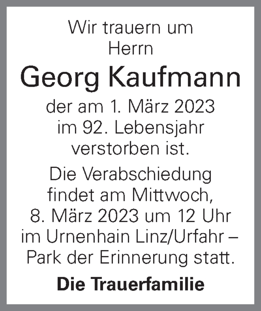  Traueranzeige für Georg Kaufmann vom 04.03.2023 aus OÖNachrichten