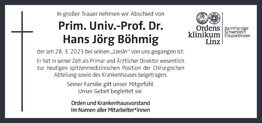  Traueranzeige für Hans Böhmig vom 31.03.2023 aus OÖNachrichten