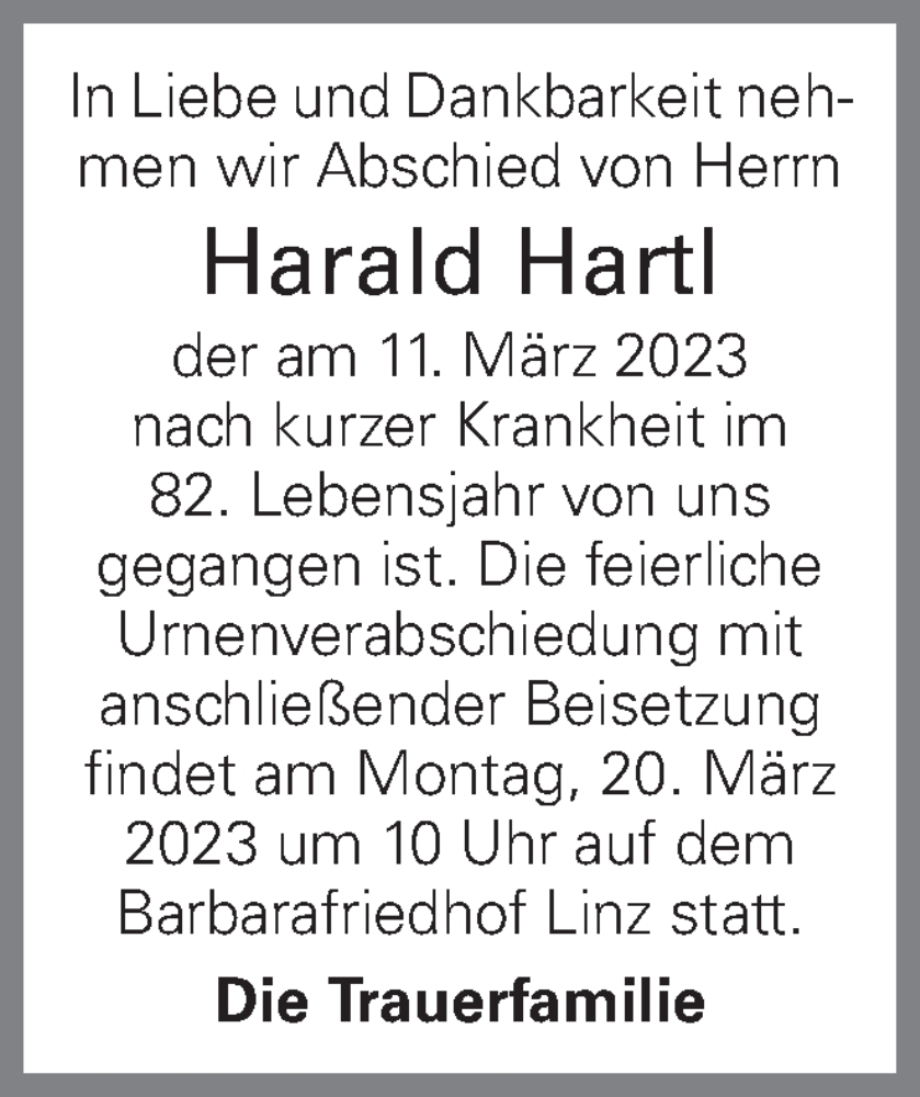  Traueranzeige für Harald Hartl vom 17.03.2023 aus OÖNachrichten