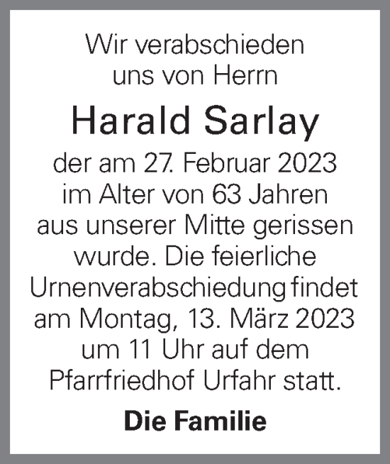 Traueranzeige von Harald Sarlay von OÖNachrichten
