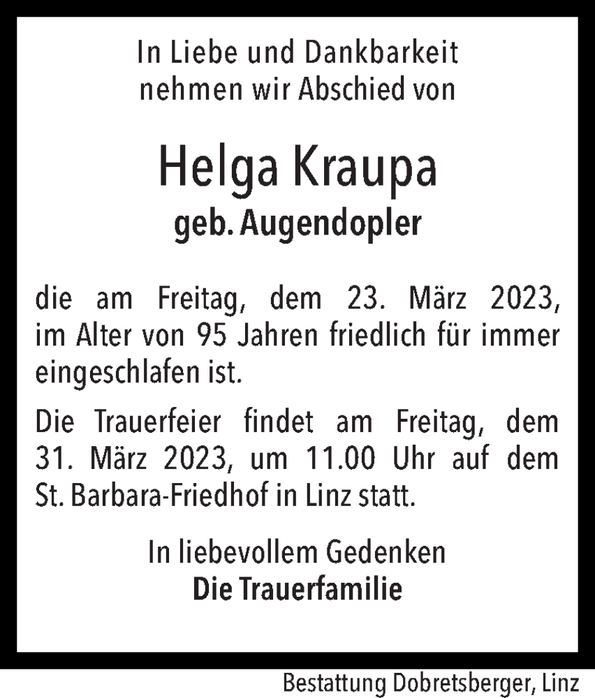  Traueranzeige für Helga Kraupa vom 28.03.2023 aus OÖNachrichten