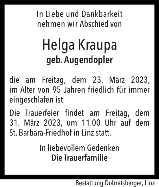 Traueranzeige von Helga Kraupa von OÖNachrichten