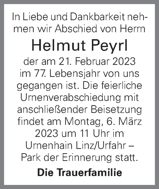 Traueranzeige von Helmut Peyrl von OÖNachrichten