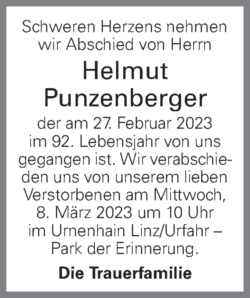  Traueranzeige für Helmut Punzenberger vom 03.03.2023 aus OÖNachrichten