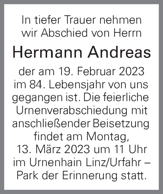 Traueranzeige von Hermann  Andreas von OÖNachrichten