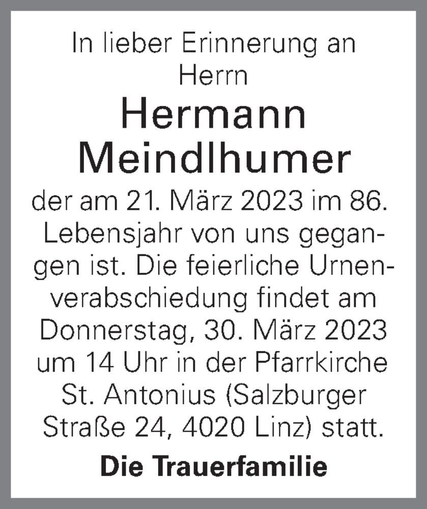  Traueranzeige für Hermann Meindlhumer vom 25.03.2023 aus OÖNachrichten