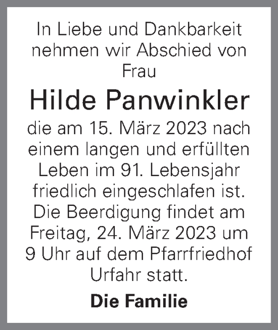 Traueranzeige von Hilde Panwinkler von OÖNachrichten