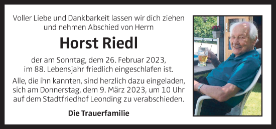 Traueranzeige von Horst Riedl von OÖNachrichten