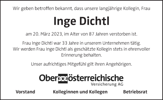 Traueranzeige von Inge Dichtl von OÖNachrichten