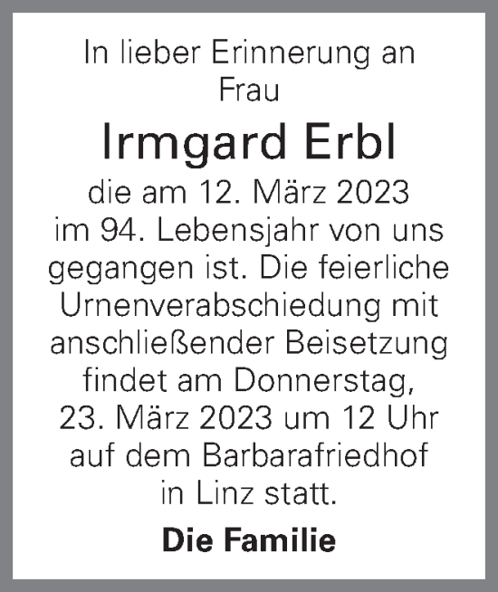 Traueranzeige von Irmgard Erbl von OÖNachrichten