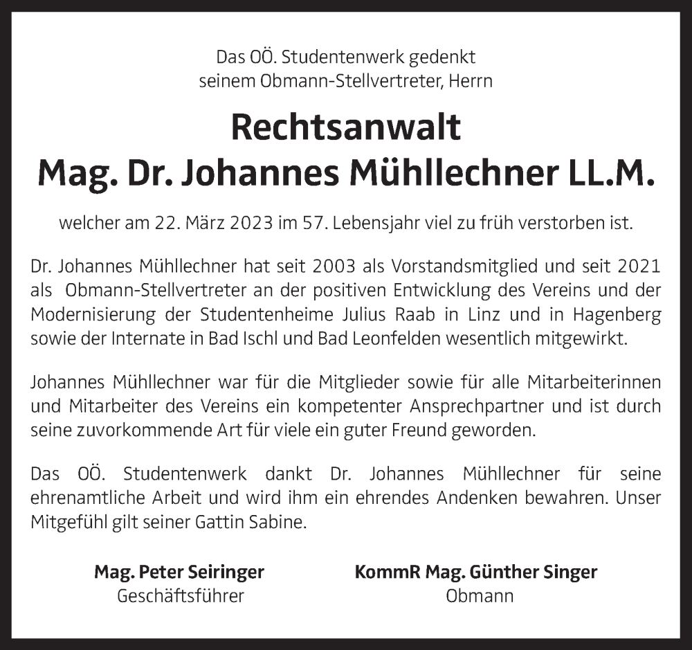  Traueranzeige für Johannes Mühllechner vom 29.03.2023 aus OÖNachrichten