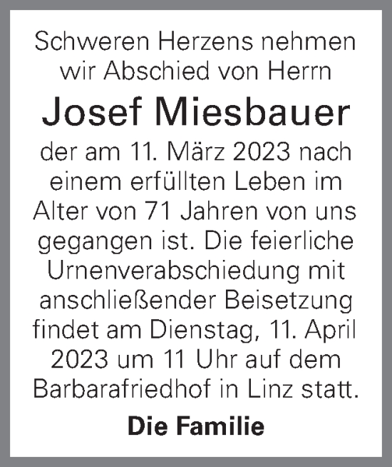 Traueranzeige von Josef Miesbauer von OÖNachrichten