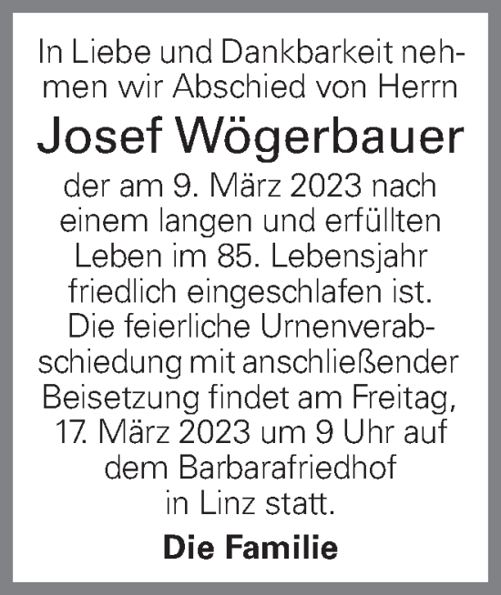 Traueranzeige von Josef Wögerbauer von OÖNachrichten