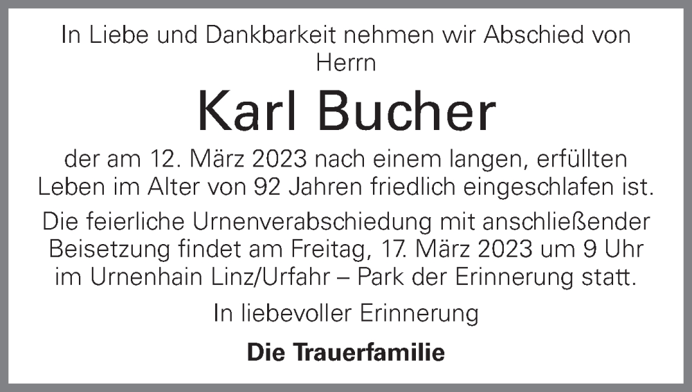  Traueranzeige für Karl Bucher vom 16.03.2023 aus OÖNachrichten